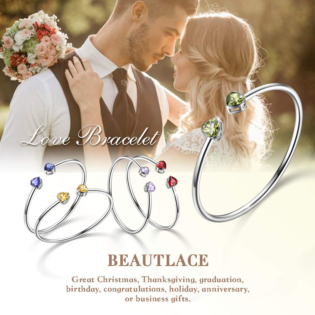 Birthstone Double Heart Adjustable Bracelet - Silver Plated Open Bangle with Personalized Birth Stones | Meaningful Birthday Gift for Women & Girls | Perfect for Anniversaries, Mother's Day & Special Occasions