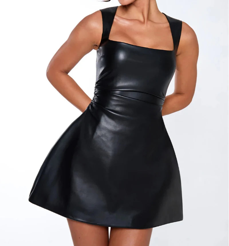 Sexy Black PU Leather Mini Dress for Women - Square Collar Sleeveless Backless High Waist A-Line Club Dress | Perfect for Night Out, Party, and Special Occasions