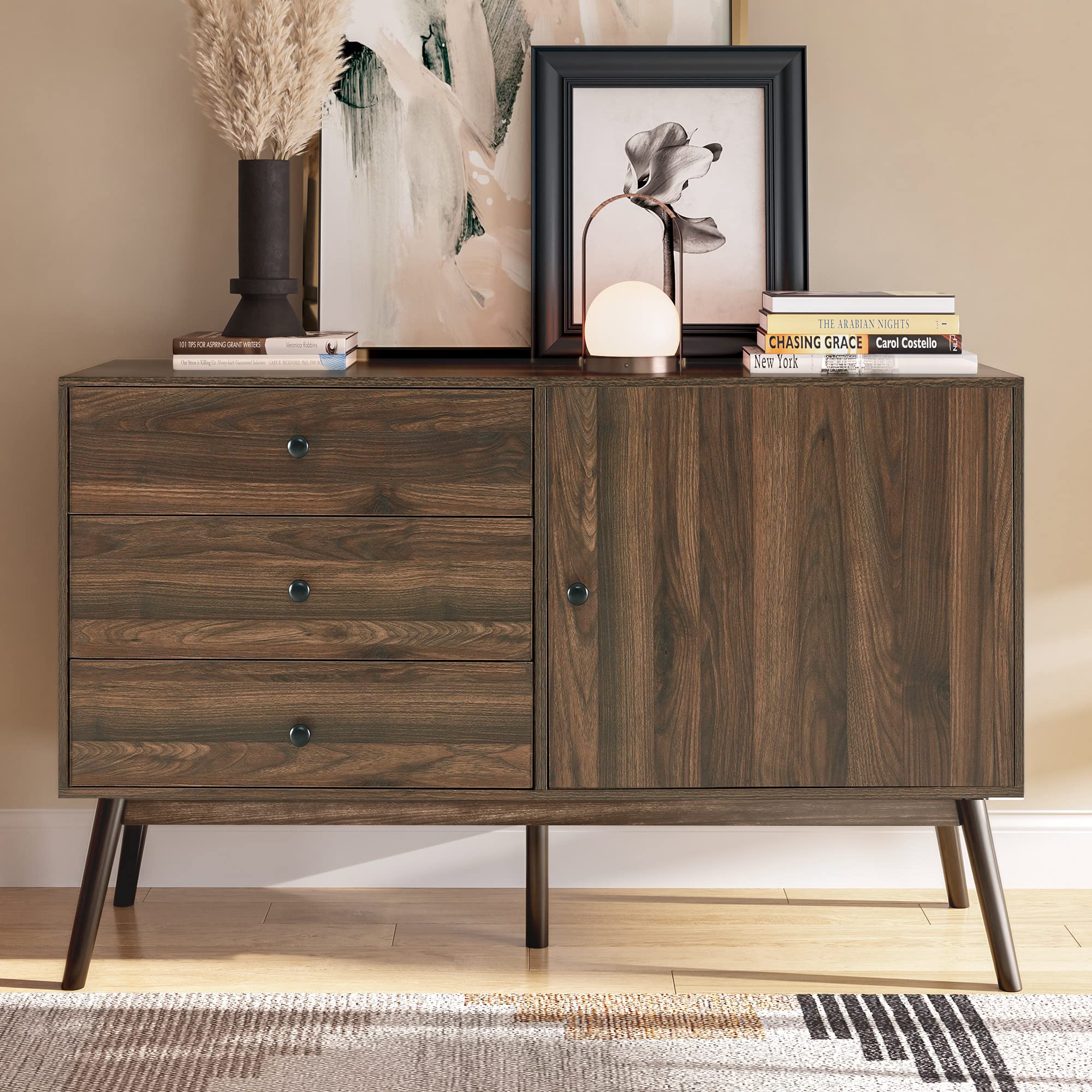 BELLEZE Mid Century Modern 52 Inch Sideboard Buffet Cabinet with Drawers - Dark Walnut TV Stand Entertainment Center for Living Room, Kitchen & Dining Room Storage Solution