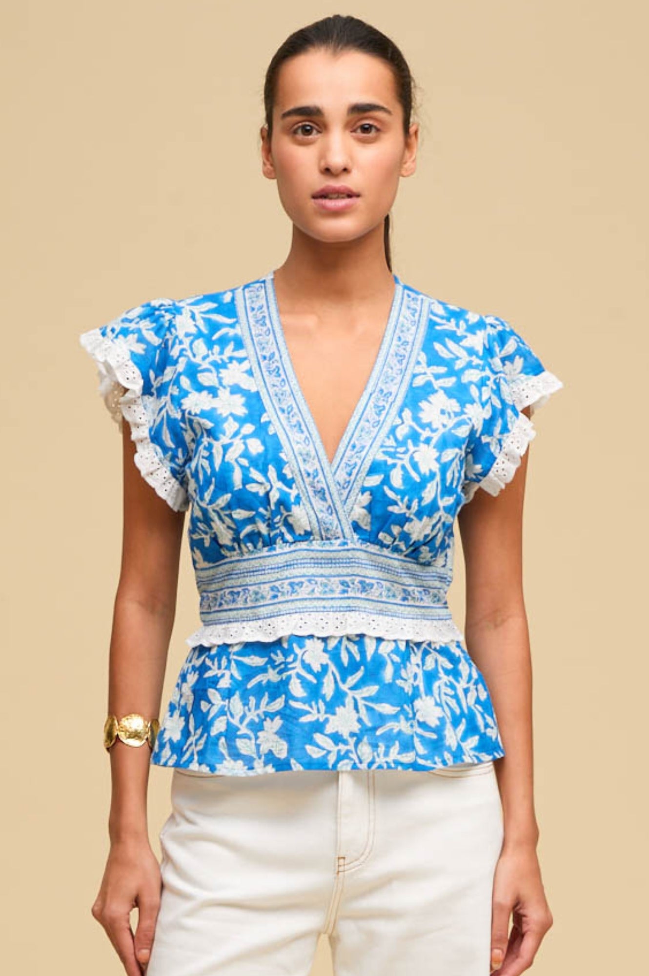 Pippa Block Print Top | Japanese Flower Cobalt Blue Women's Blouse | Perfect for Casual Wear, Summer Outfits & Boho Fashion