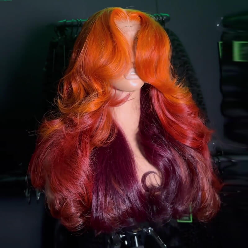 Eullair Ombre Orange Copper Brown Body Wave Human Hair Wig with Transparent Lace Frontal - Natural Looking Wigs for Women (EW007) | Perfect for Daily Wear, Cosplay, and Special Occasions