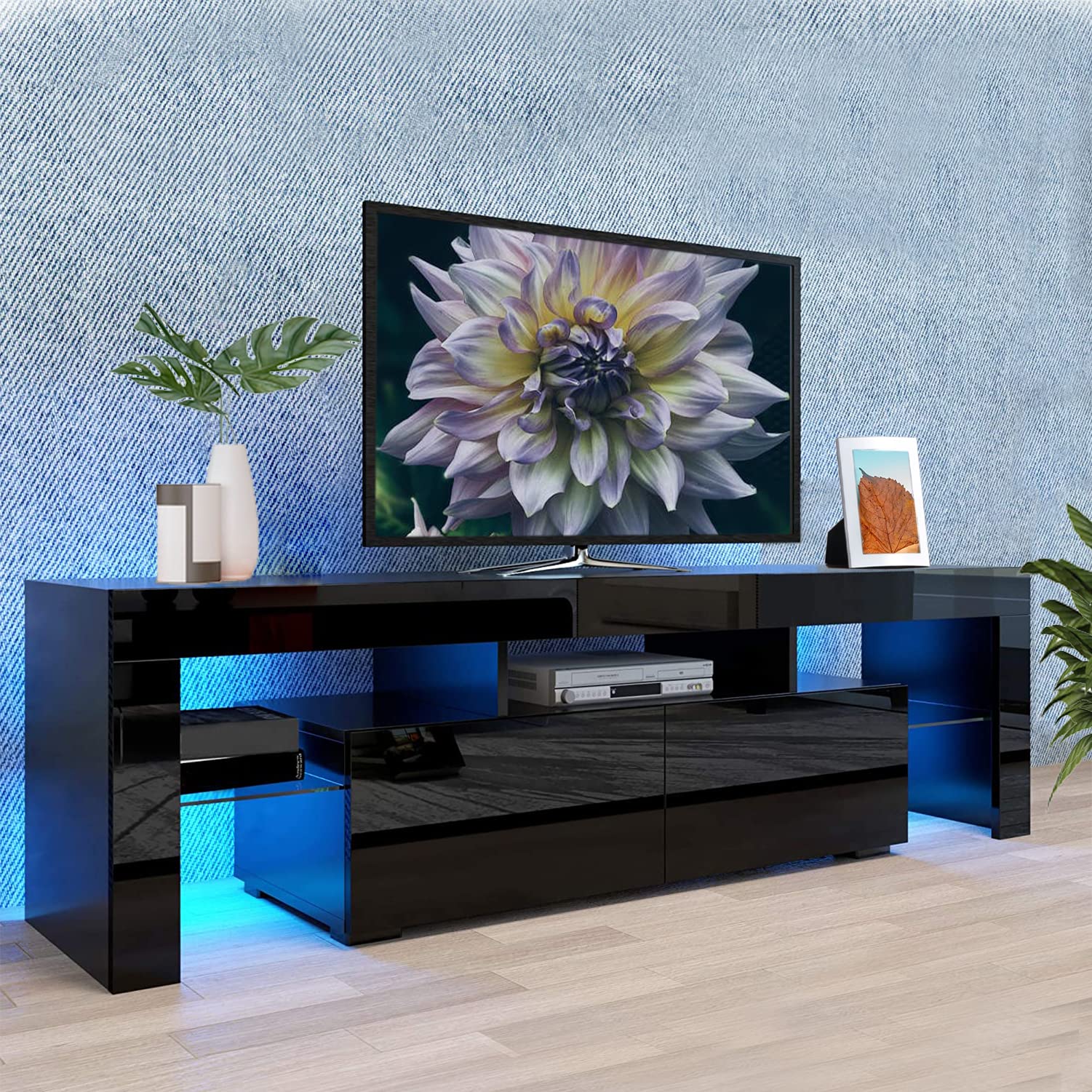 Modern LED TV Stand for 55/60/65 Inch TVs - Black High Gloss Entertainment Center with 2 Storage Drawers & Ambient Lighting - Perfect for Living Room, Bedroom & Home Theater (63 Inch)