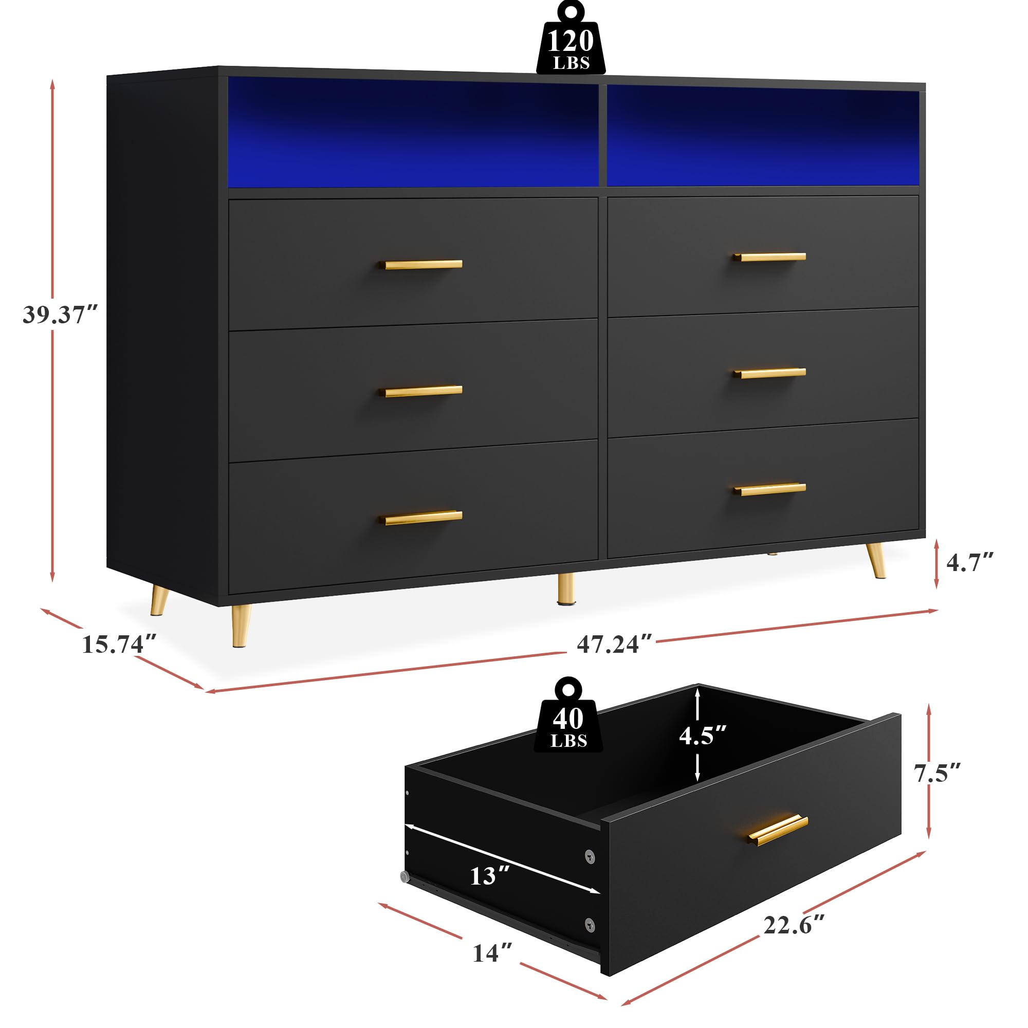 LED Wood Dresser for Bedroom - Wide Drawers, Metal Handles - Perfect for Clothes Storage & Entryway