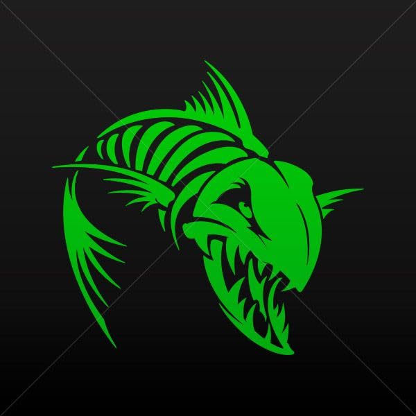 Aggressive Fish Skeleton Vinyl Decals - 5 x 4.72 Inch Weatherproof Stickers for Cars, Laptops, Tablets & Garage - Durable Gara Green Design for Outdoor & Indoor Use