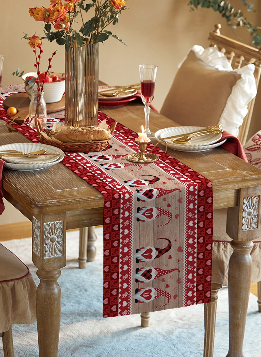 72 Inch Long Rustic Wood Table Runner with Valentine's Day Gnomes & Love Hearts - Perfect for Kitchen, Dining Table, Coffee Table Decor - Ideal for Parties, Home Decor, Holiday Celebrations (13x72 Inches)