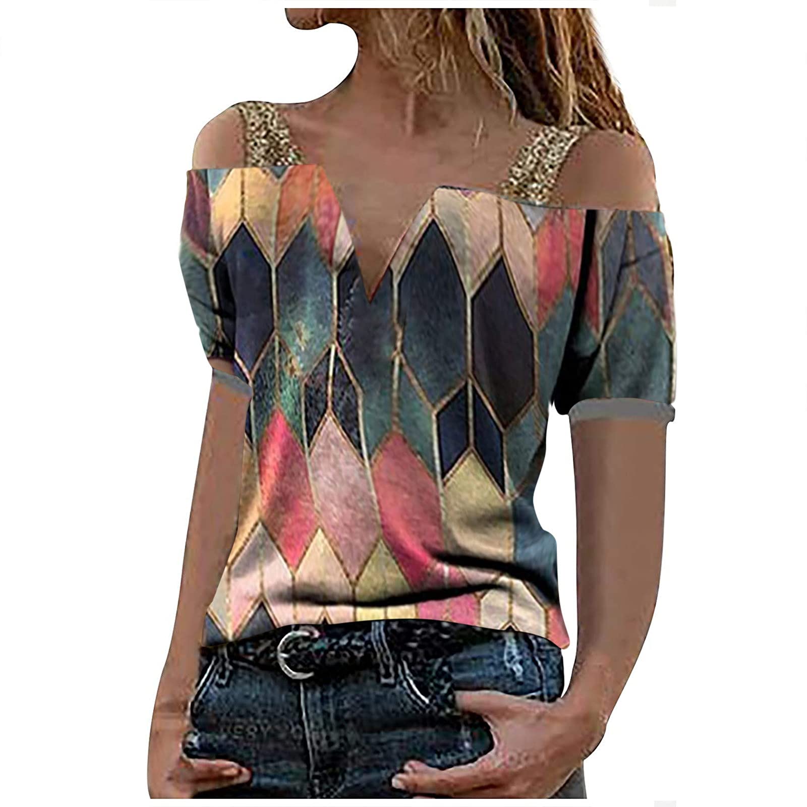 Women's Cold Shoulder V-Neck Short Sleeve Strappy Tops - Fashion Summer Pullover Tunic for Casual Wear, Beach Outfits & Date Nights