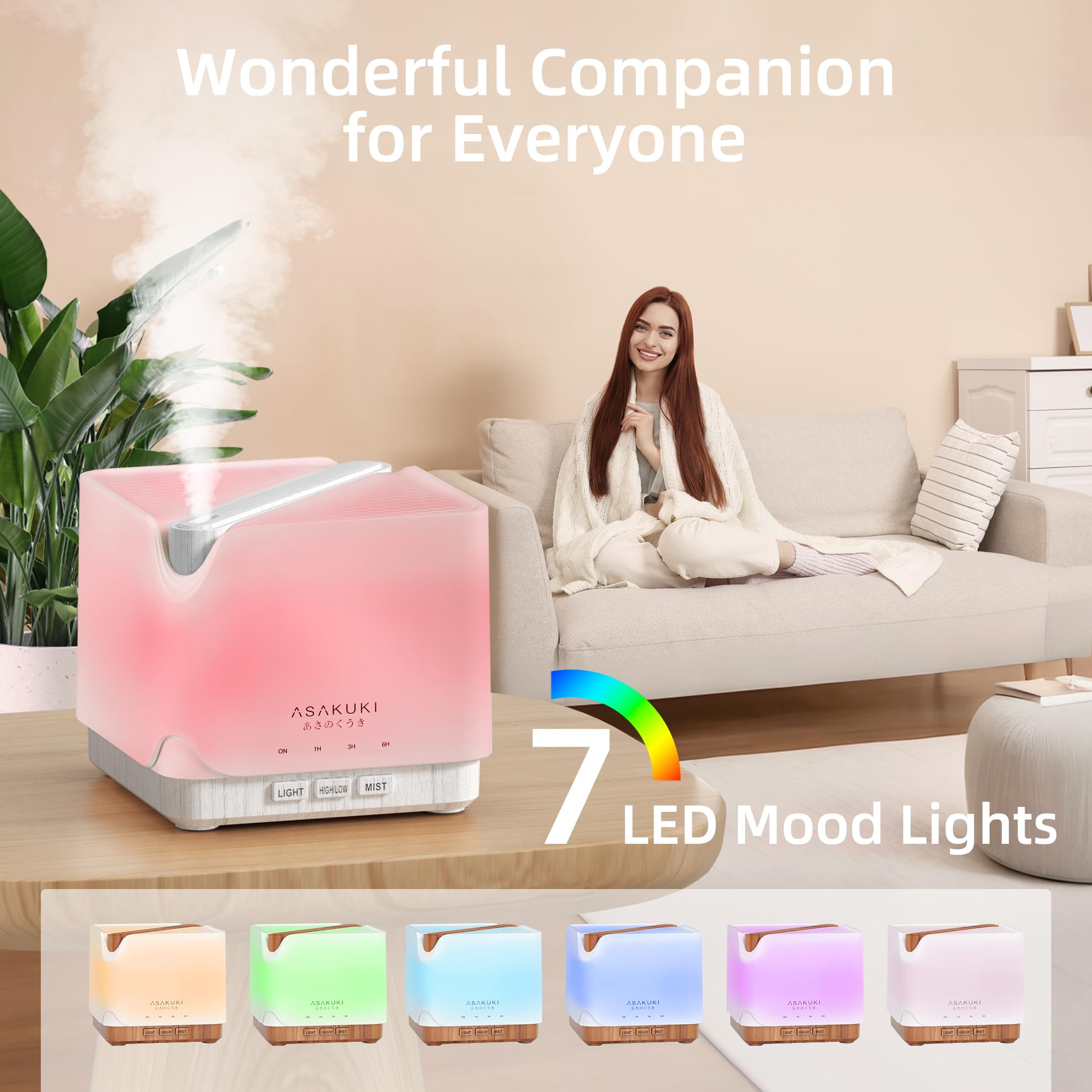 ASAKUKI 700ml Ultrasonic Essential Oil Diffuser - Aromatherapy Humidifier with Timer, Auto Shut-Off & 7 Color LED Lights for Home, Office, Yoga & Spa (White Wood)