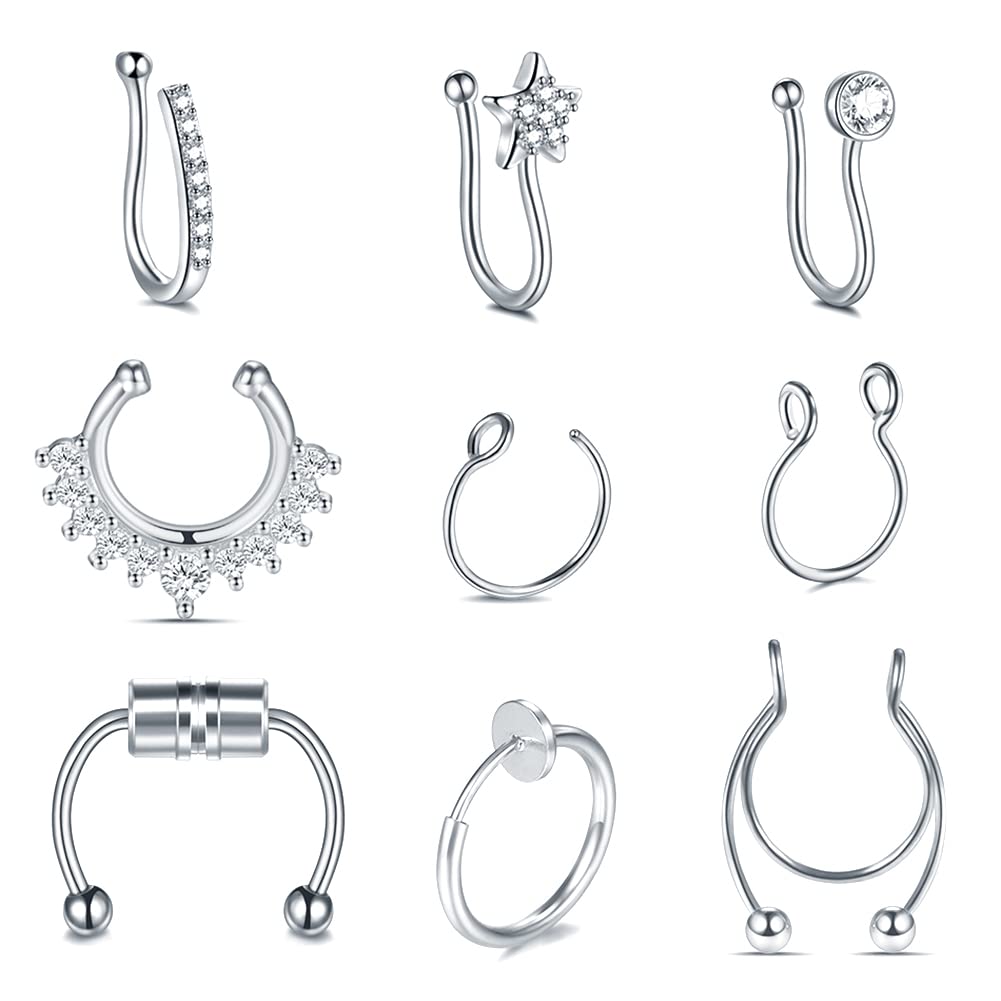 Faux Nose Septum Rings - Stainless Steel Fake Nose Piercing Jewelry for Women & Men - Non-Piercing Hoop Studs - Perfect for Costume Parties, Halloween & Alternative Fashion