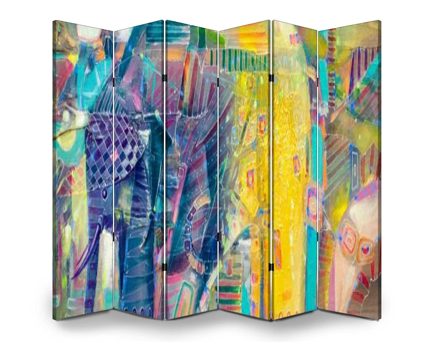 6 Panel Folding Room Divider Screen with Indian Elephant Abstract Art - Freestanding Privacy Partition for Home, Office & Yoga Studio | Dola-Dola Canvas Wall Separator for Indoor Spaces