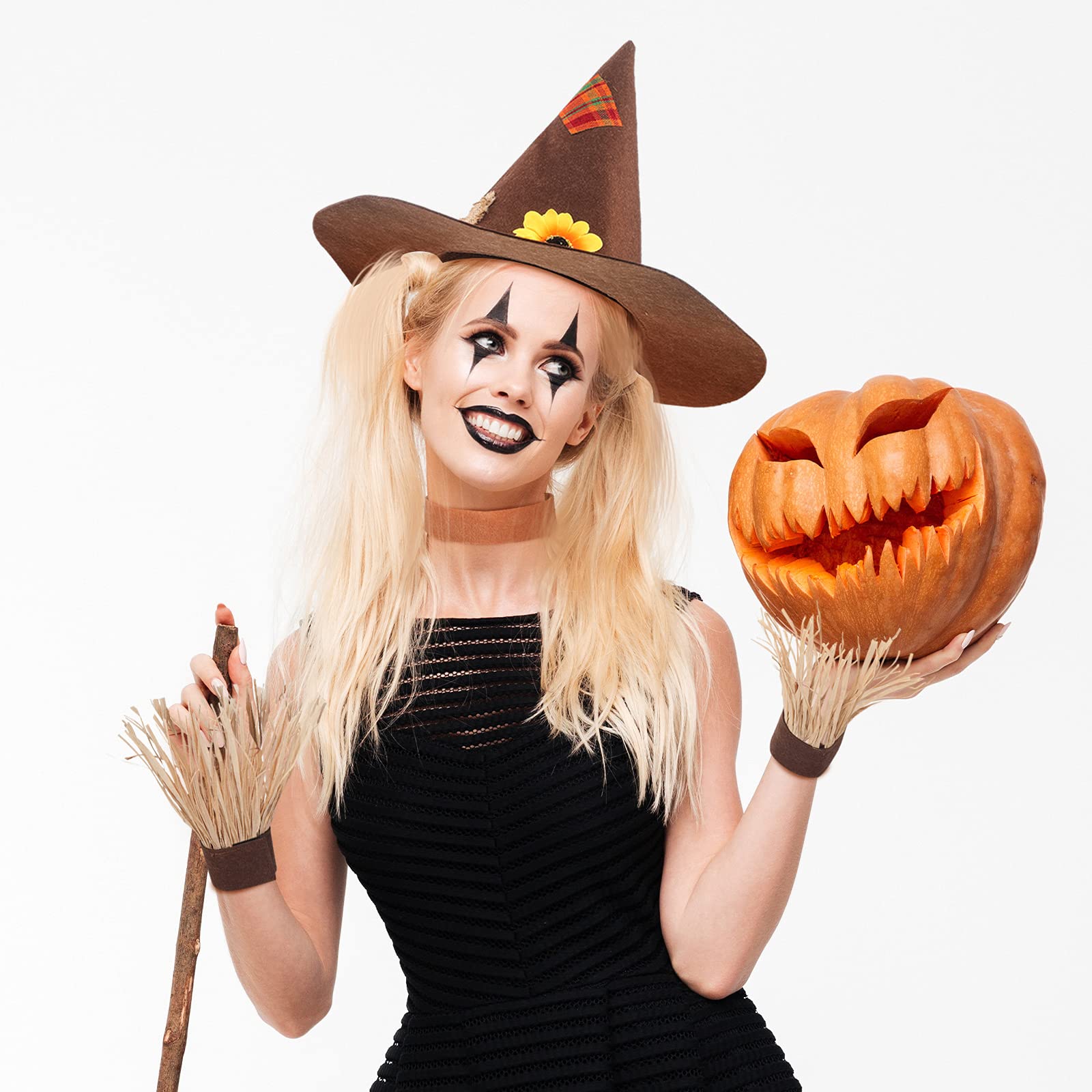 5-Piece Halloween Scarecrow Costume Set - Felt Hat, Necklace, Waist Belt & Straw Wristbands for Adults & Kids | Perfect for Halloween Parties, Cosplay & Themed Events