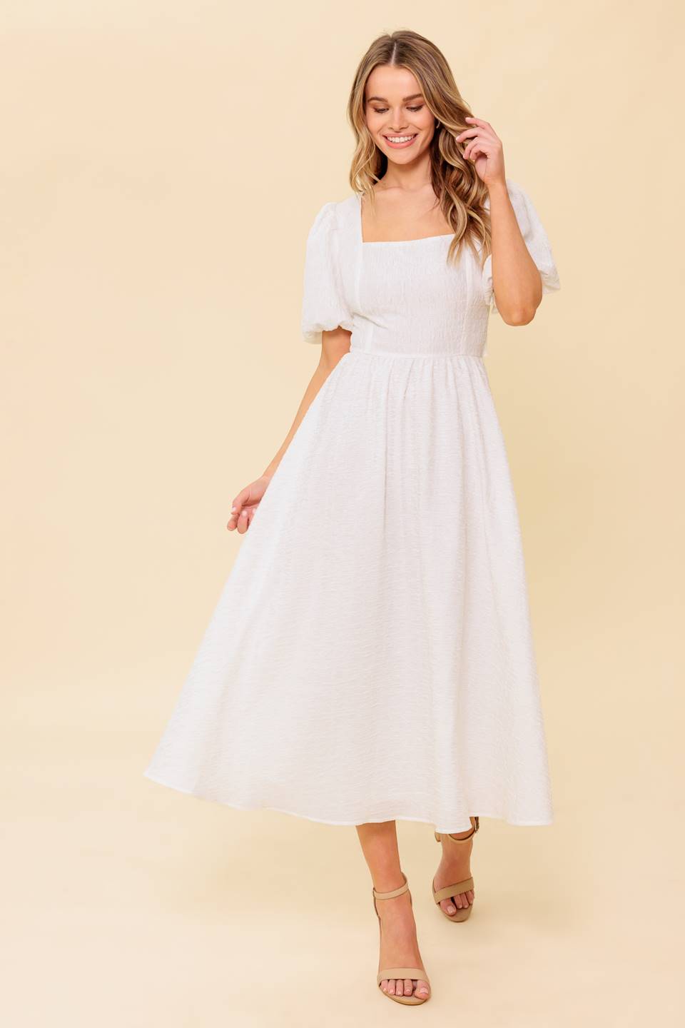 MAURA MIDI DRESS Ivory - Elegant Women's Summer Casual Flowy Dress for Beach, Wedding & Party Occasions