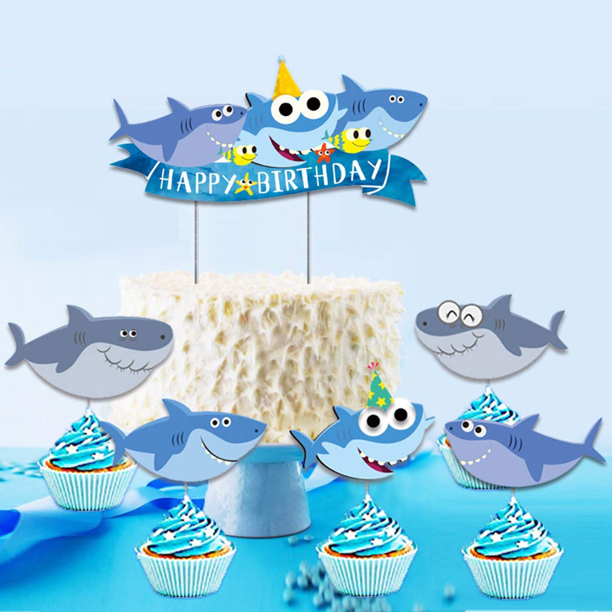Shark Birthday Cake Topper - Blue Shark Cupcake Toppers for Kids Birthday Party Decorations, Shark Theme Party Supplies for Ocean Underwater Baby Shower Decor