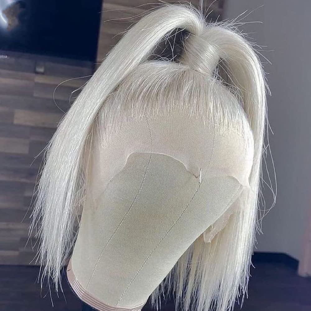 #60 Grey White Platinum Blonde HD Transparent Lace Front Wig - 150% Density 13x4 Human Hair Short Bob with Baby Hair | Straight Natural Look for Women | Perfect for Daily Wear, Cosplay & Special Occasions