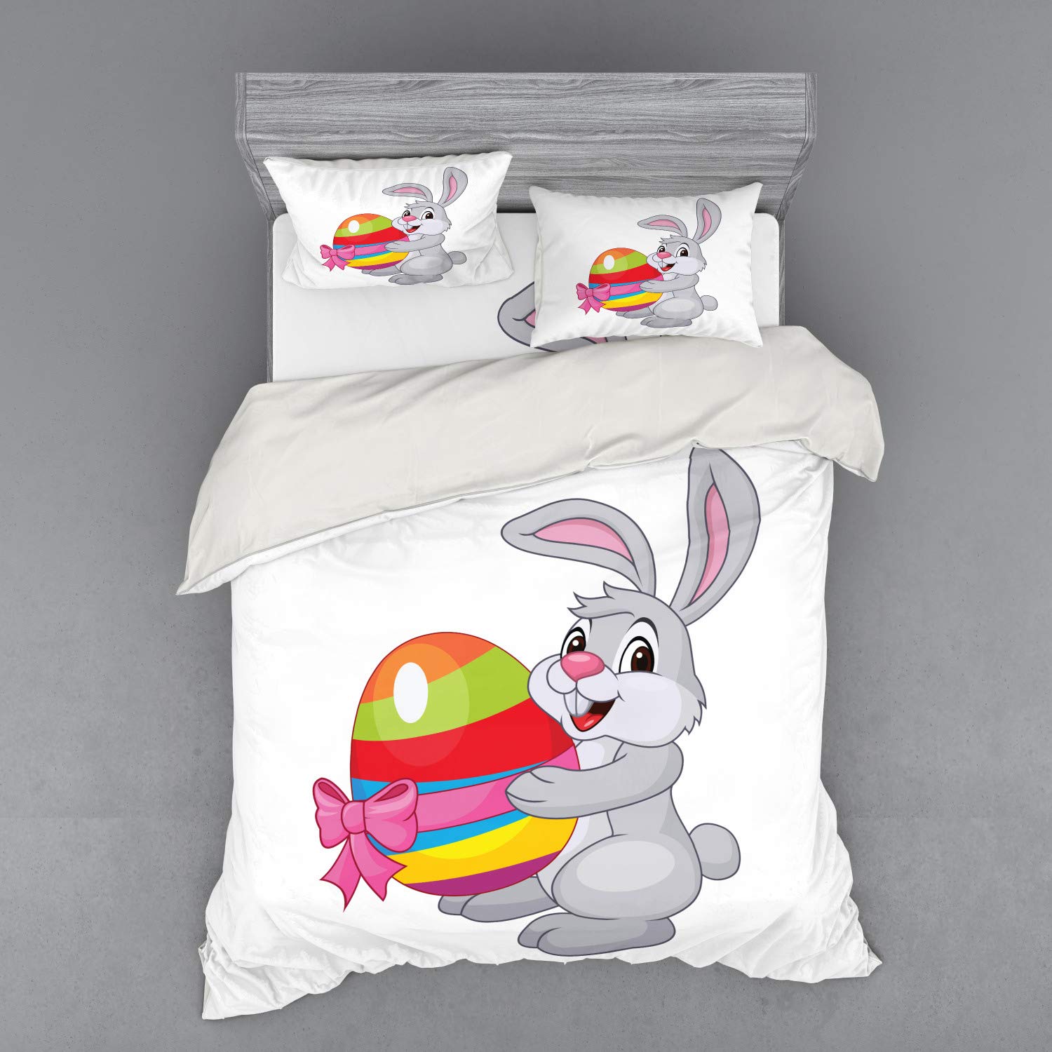 Ambesonne Easter Duvet Cover Set - Cartoon Rabbit with Colorful Striped Egg & Ribbon Design - 4 Piece Queen Size Bedding Set with Shams & Fitted Sheet - Fun Easter Animal Theme - Perfect for Easter Decorations, Spring Bedroom Makeover & Holiday Gift Giving