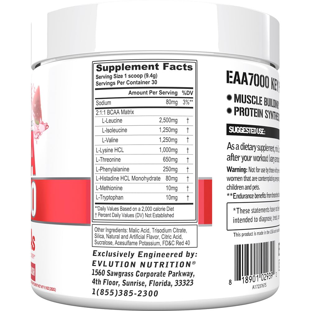 EVLution Nutrition EAA 7000 Essential Amino Acids Supplement - Watermelon Splash Flavor, 282g Powder for Muscle Recovery & Performance Boost | Pre-Workout & Post-Workout Use