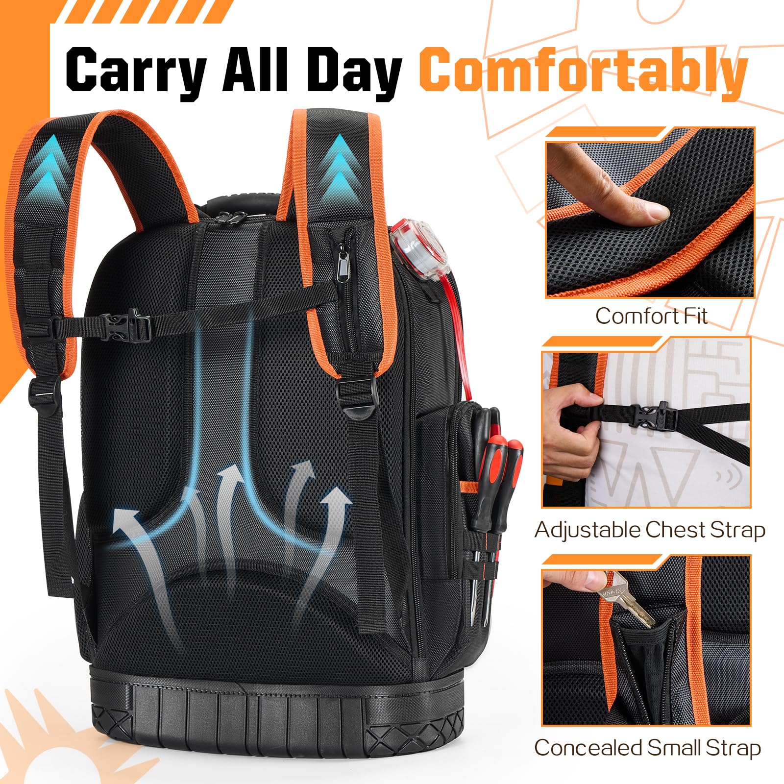 Golkcurx Heavy Duty 1680D Tool Backpack - Durable Molded Base Tool Bag for Electricians, Plumbers & Contractors - Perfect for Job Sites, Construction Work & Outdoor Repairs