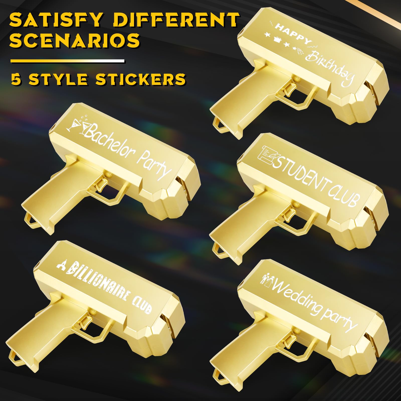 Gold Money Gun Shooter Toy - 201 PCS Fake Money Props with 5 Style Stickers & 4 AA Batteries Included | Handheld Money Thrower for Party Supplies, Birthday Celebrations & Bachelorette Events | Non-Functional Fake Gun for Make It Rain Theme Parties