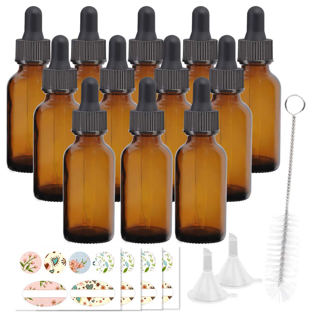 STARSIDE 12 Pack 2 oz (60ml) Amber Glass Dropper Bottles with Black Caps - Essential Oil Bottles, Perfume Containers, Lab Chemical Storage - Includes 1 Brush, 2 Funnels & 24 Labels - Perfect for DIY Aromatherapy, Skincare Mixing & Home Fragrance Crafting