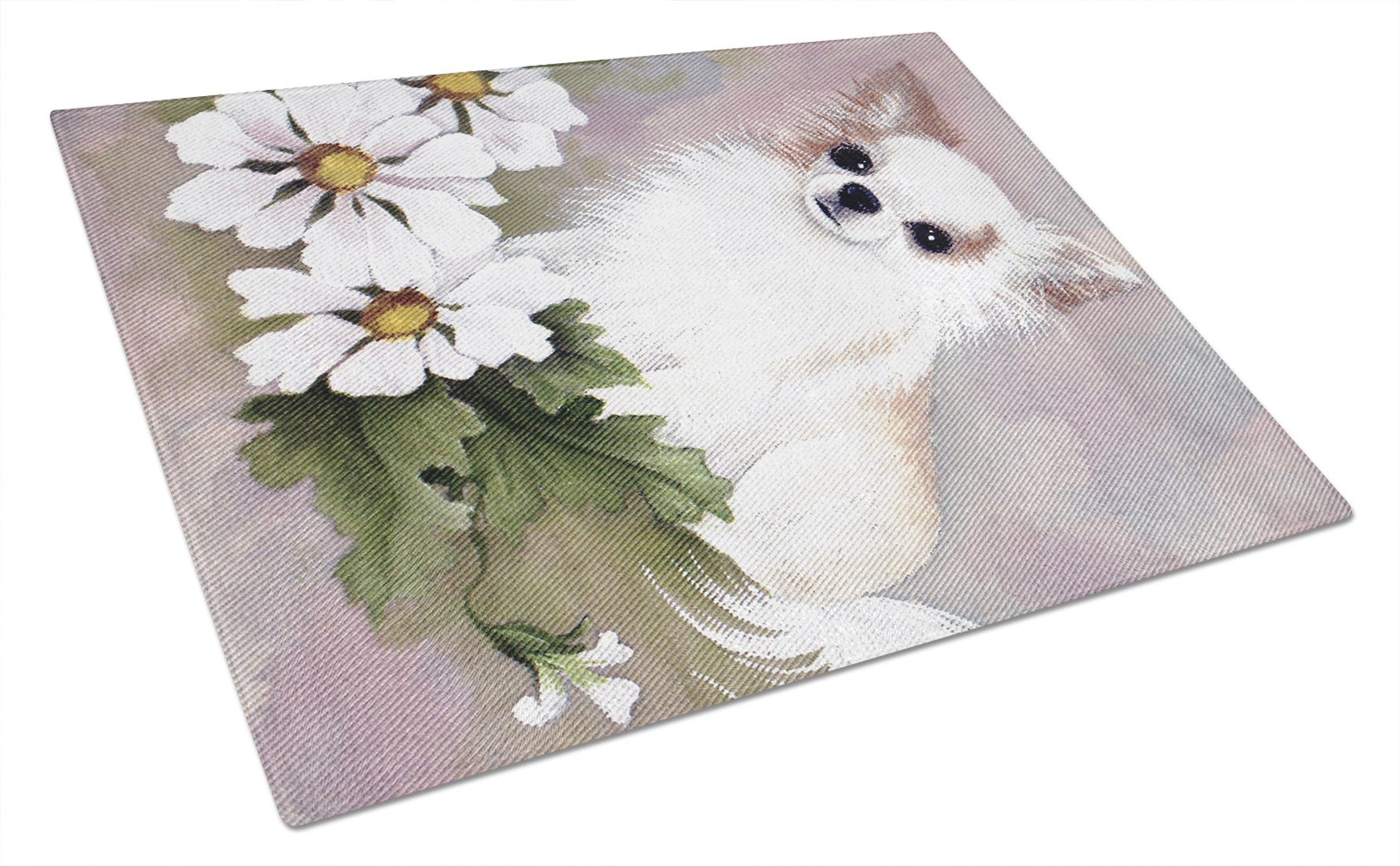 Chihuahua White Flowers Tempered Glass Cutting Board - Large Decorative Kitchen Chopping & Serving Board - Durable Scratch-Resistant Glass for Fruits, Vegetables, Cheese & Charcuterie Display