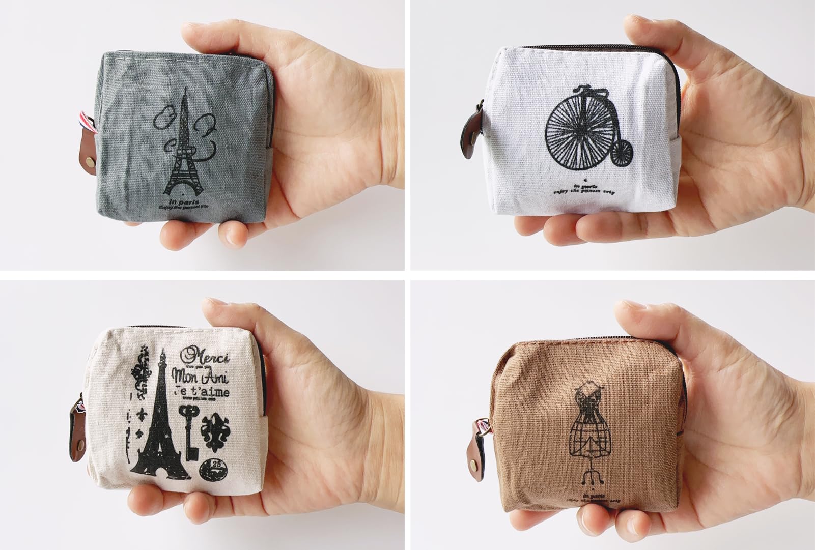 Stylish Canvas Coin Bags for Women - Set of 4 Small Change Purses & Cash Wallets (Paris Design) - Perfect for Travel, Shopping, and Organizing Loose Change