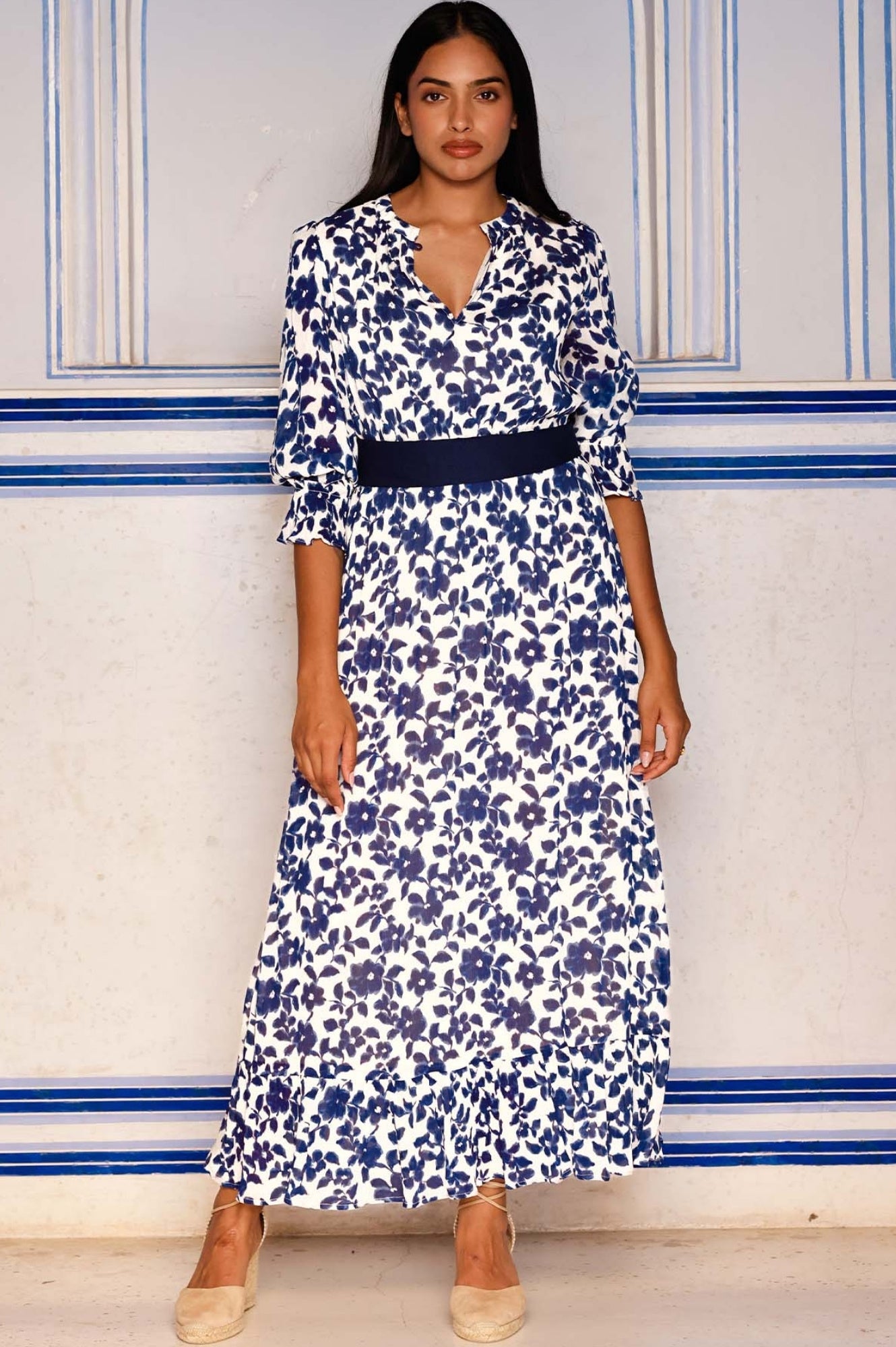 Maeve Georgette Dress - Floral Navy & White Flowy Midi Dress for Women | Perfect for Summer Weddings, Garden Parties & Date Nights