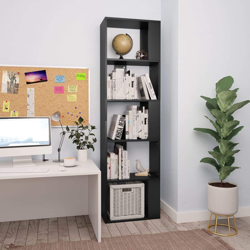 VidaXL 5-Tier Bookshelf Storage Organizer, 17.7x9.4x62.6 Inch Black Chipboard Bookcase - Free Standing Floor Cabinet & Room Divider for Home Office, Living Room, Bedroom - Perfect for Organizing Books, Decor & Display Items