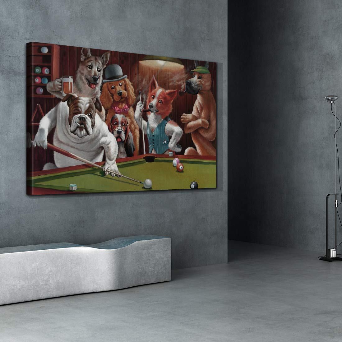 Denozer Dogs Playing Billiards Canvas Wall Art - Premium Giclee Print Gallery Wrapped Modern Home Decor - 48x32 Inches Ready to Hang - Perfect for Living Room, Office & Game Room Decor