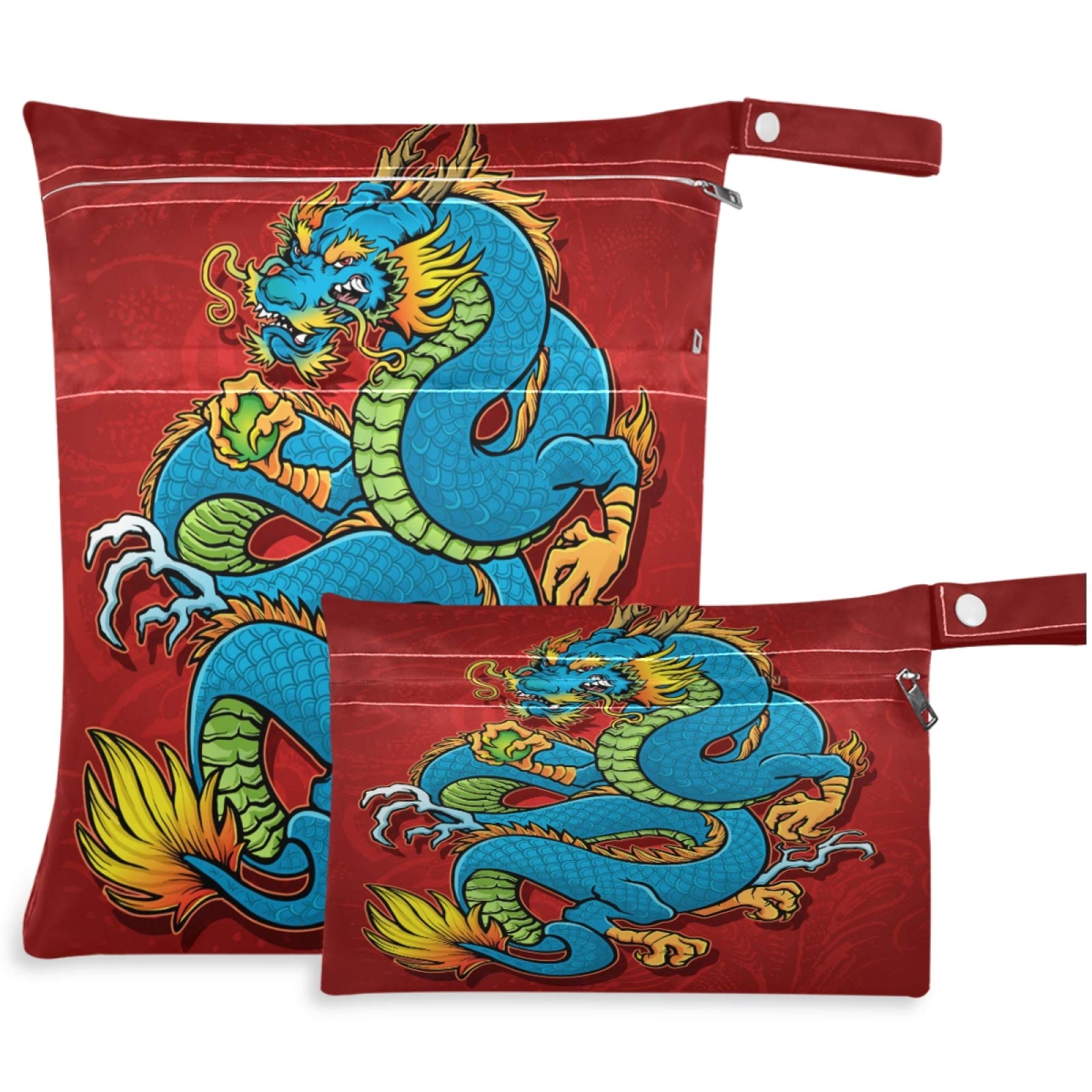 Visesunny Blue Dragon 2Pcs Wet Bags with Zippered Pockets - Washable & Reusable Waterproof Storage for Travel, Beach, Pool, Daycare, Stroller, Diapers, Gym Clothes & Swimsuits - Perfect for Wet Items, Toiletries & Baby Essentials