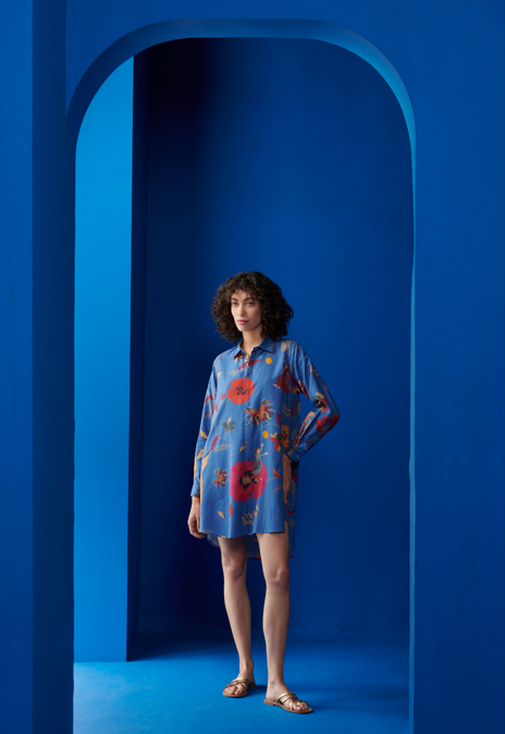 Oversized Cotton Silk Check Shirt in Cobalt Blue - Perfect for Casual Outfits, Office Wear & Layering