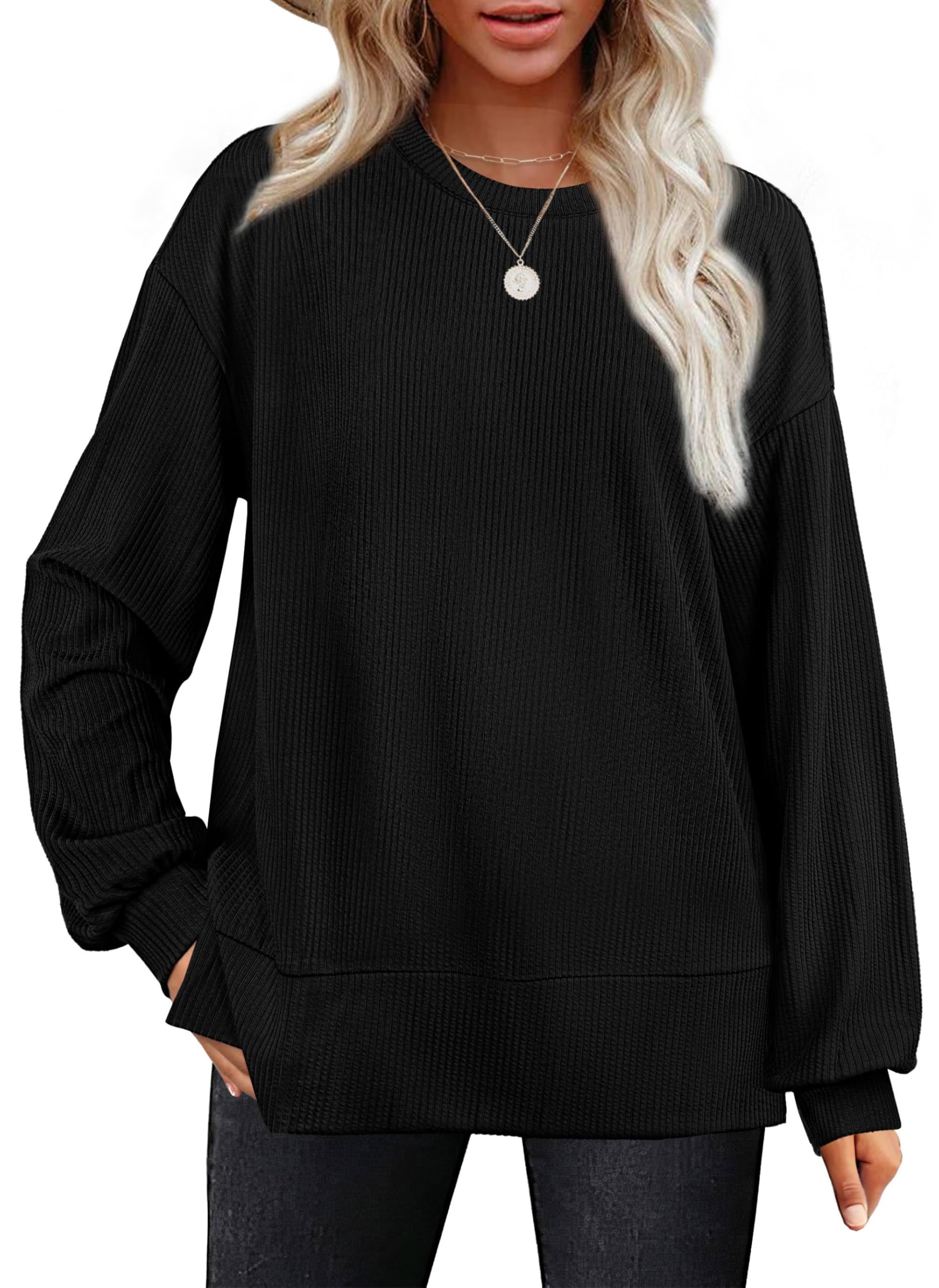 OFEEFAN Women's Long Sleeve Knit Tops - Loose Fit Ribbed Tunic Shirt, Lightweight Casual Blouse for Fall & Winter | Perfect for Office, Layering and Everyday Wear