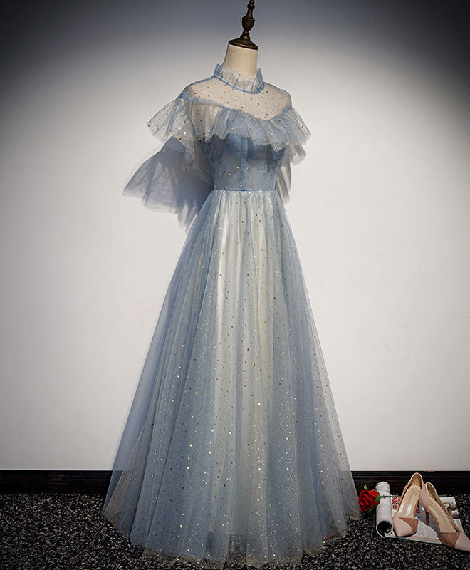 Elegant Light Gray Blue Tulle Lace Long Prom Dress for Women - Formal Evening Gown for Homecoming, Ball, Wedding & Special Occasions