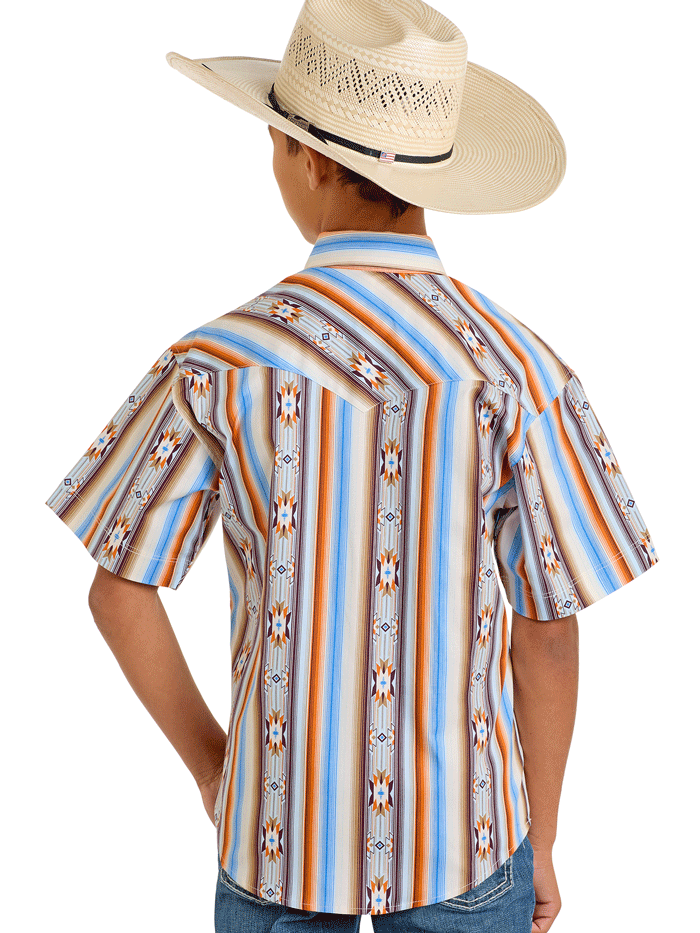 Rock & Roll Denim Kids Short Sleeve Stripe Aztec Print Shirt - Orange Tribal Style T-Shirt for Boys & Girls - Perfect for Music Festivals, Birthday Parties & Casual Wear