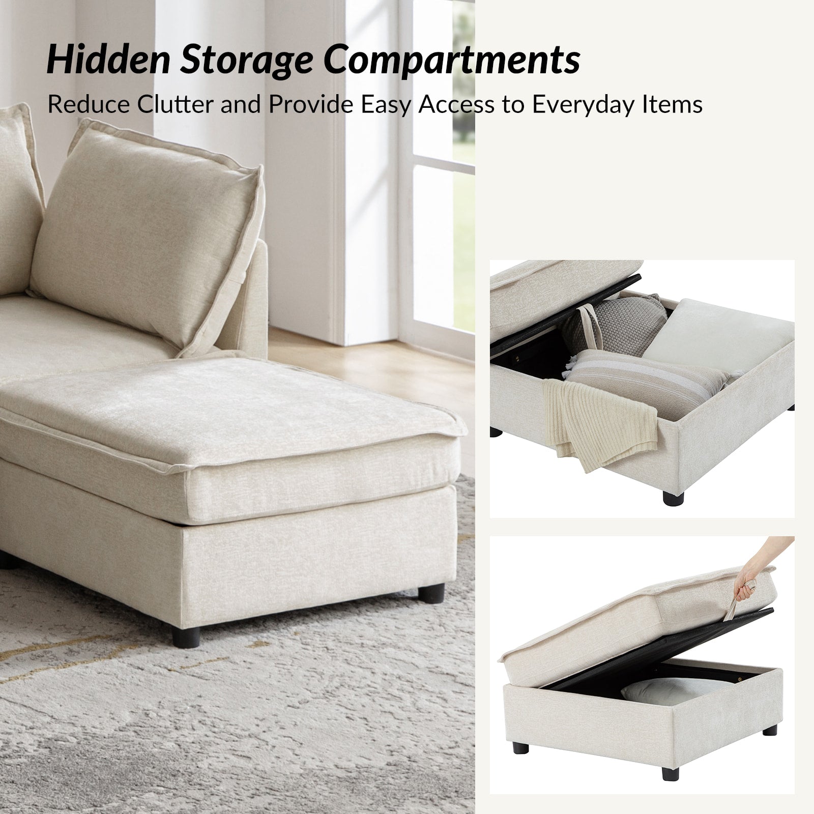Harmetrix Oversized Soft Sectional Couch with Storage | Modern L-Shaped Sofa Bed with Hidden Compartment | Perfect for Living Room, Family Room & Small Spaces