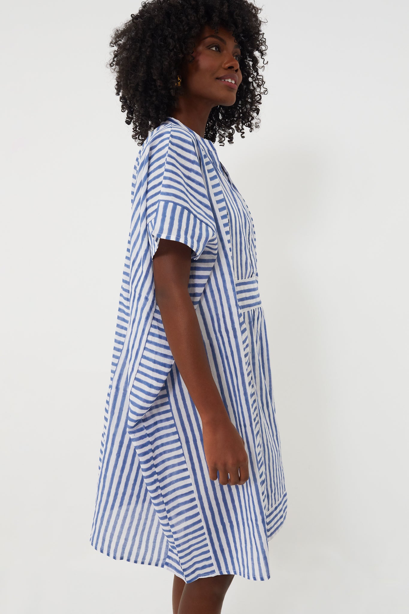 Blue Stripe Emerson Short Caftan Dress - Lightweight Summer Beach Cover Up, Boho Chic Loungewear for Women - Perfect for Vacations, Poolside, and Casual Outings