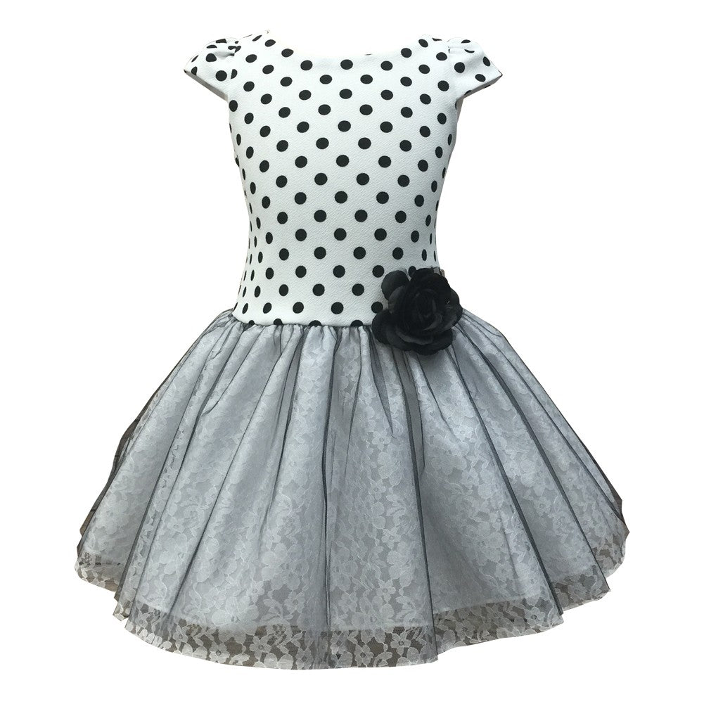 Big Girls White & Black Polka Dot Lace Tulle Tutu Dress - Size 8-12 | Elegant Party Dress for Birthday, Dance Recital & Special Occasions