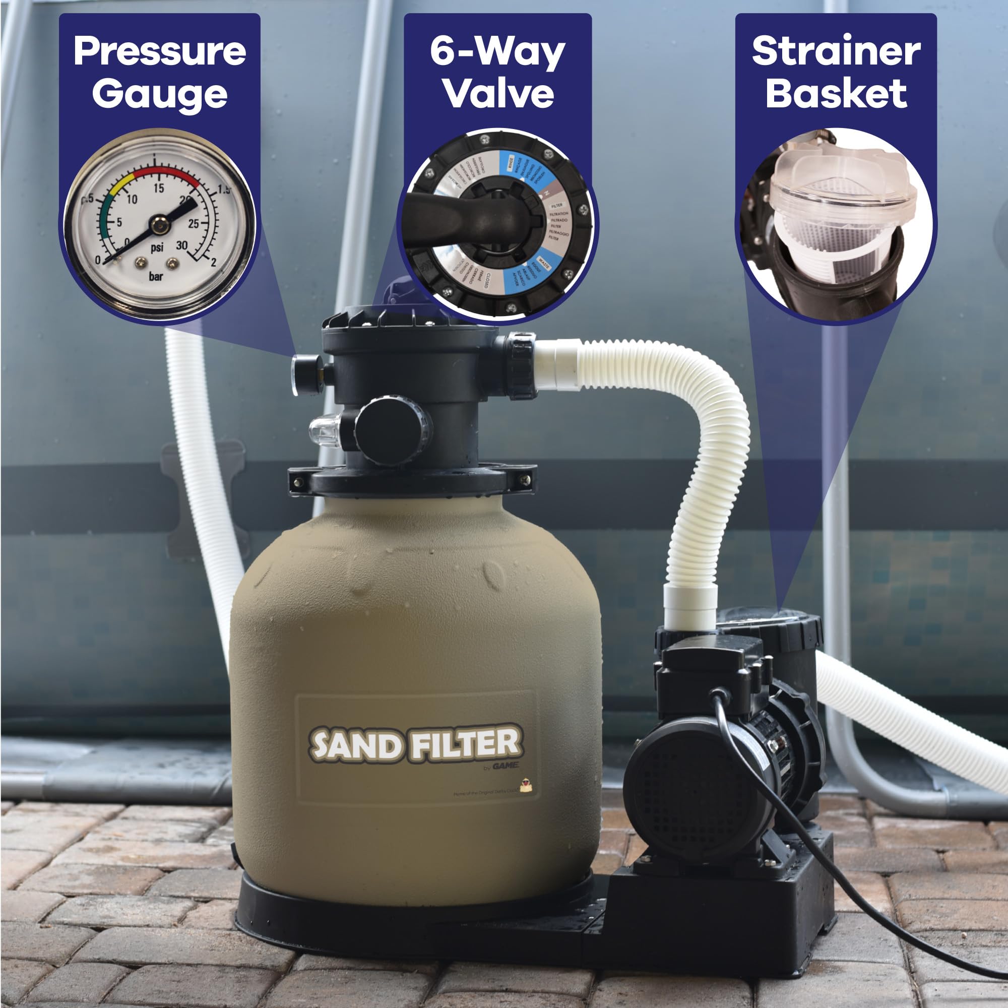 GAME 7011-E 16-Inch Above Ground Pool Sand Filter System with Digital Timer | 120 LB Sand Capacity, 3/4 HP Pump & Motor, 3698 GPH Flow Rate | Perfect for Backyard Swimming Pools, Inground Pools & Spa Filtration