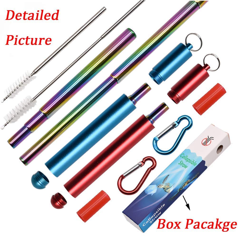 2 Pack Reusable Stainless Steel Telescopic Straws - Collapsible Metal Drinking Straw with Keychain Case & Cleaning Brush | Portable for Travel, Home, Office, Picnics & Outdoor Activities (Red & Blue)
