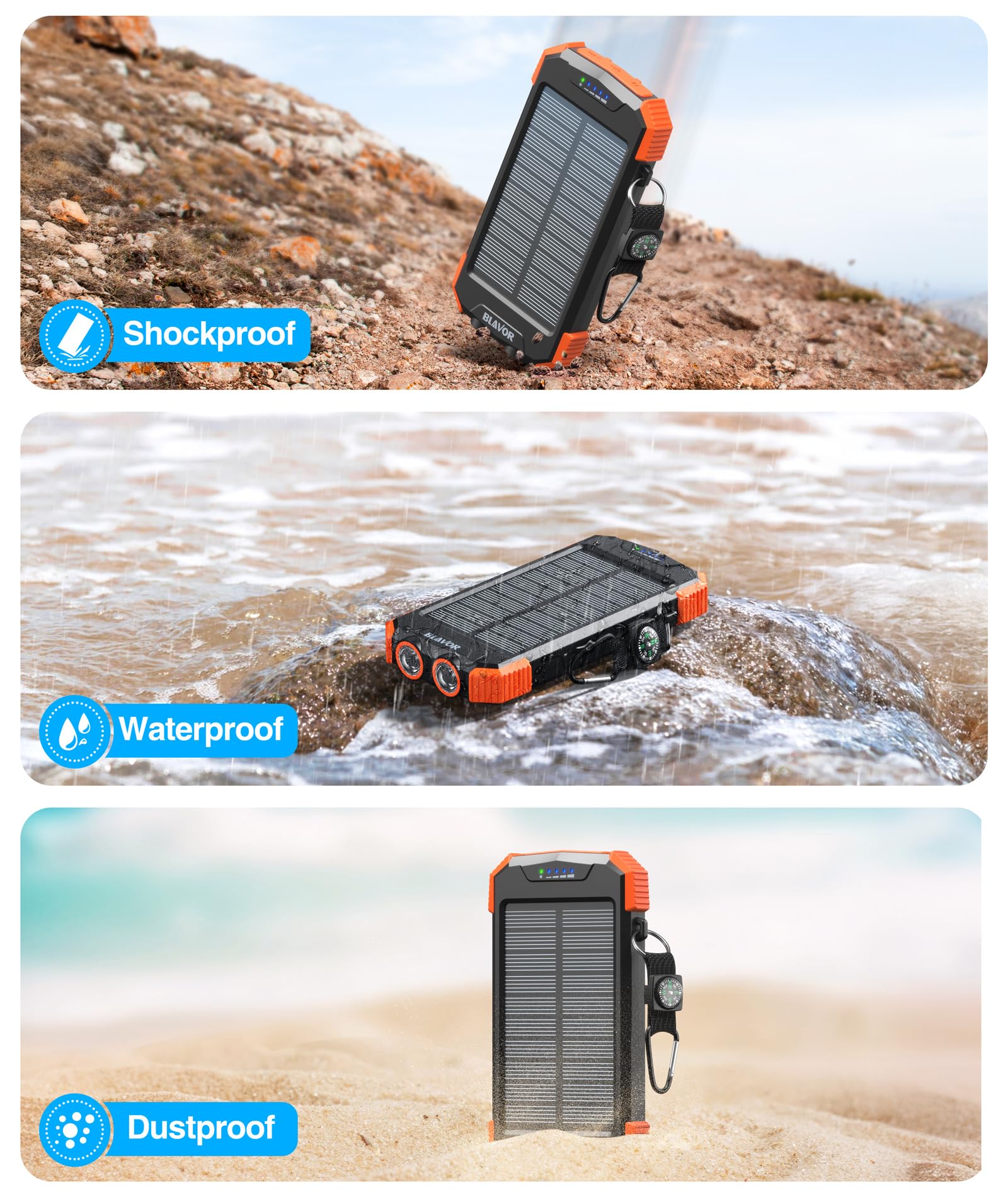 BLAVER 10,000mAh Solar Power Bank with 20W Fast Charging & Wireless Charging | Portable External Battery Pack with USB-C for iPhone, Samsung, Android Phones | Solar Panel Charger with Dual Flashlight & Compass for Camping, Hiking, Emergency Power Backup