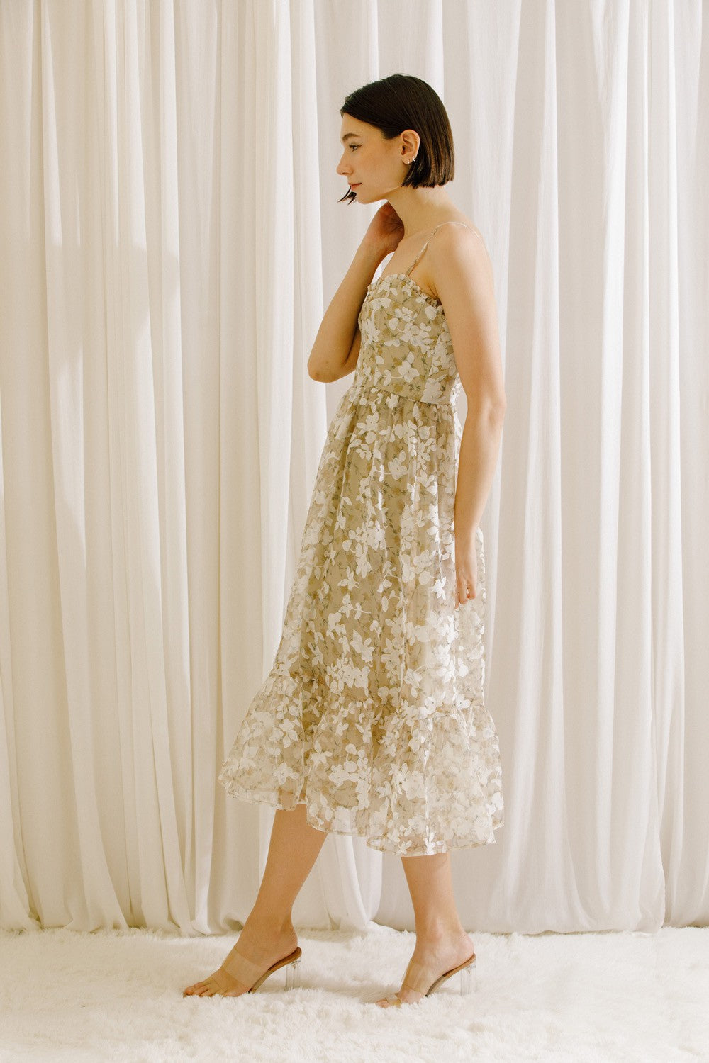 Beige Floral Midi Dress for Women - Elegant Summer Casual Dress with Floral Print, Perfect for Brunch, Date Night & Vacation