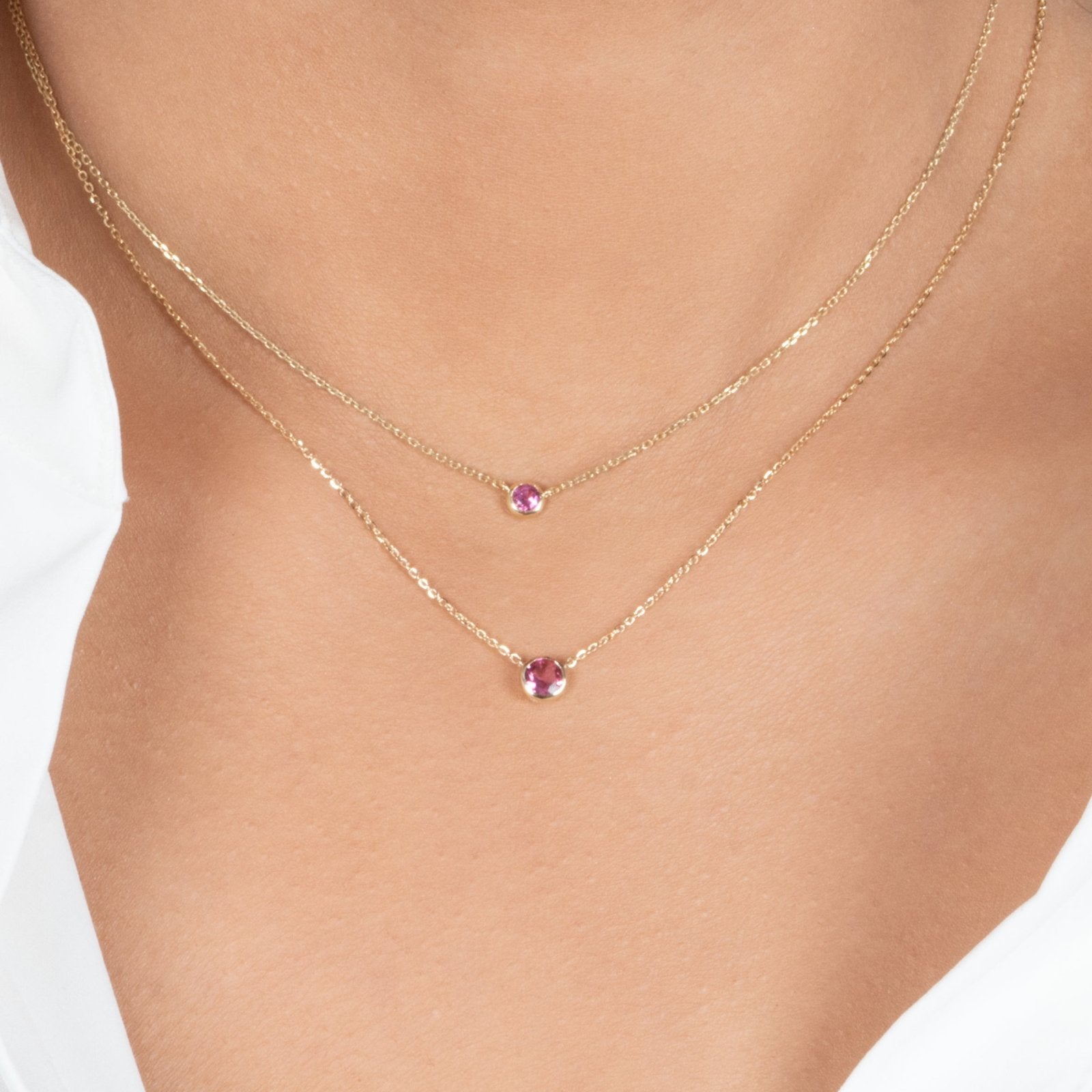 14k Yellow Gold Pink Tourmaline Station Necklace - Bezel Set Gemstone Jewelry for Women, Perfect for Valentine's Day Gifts & Everyday Elegance