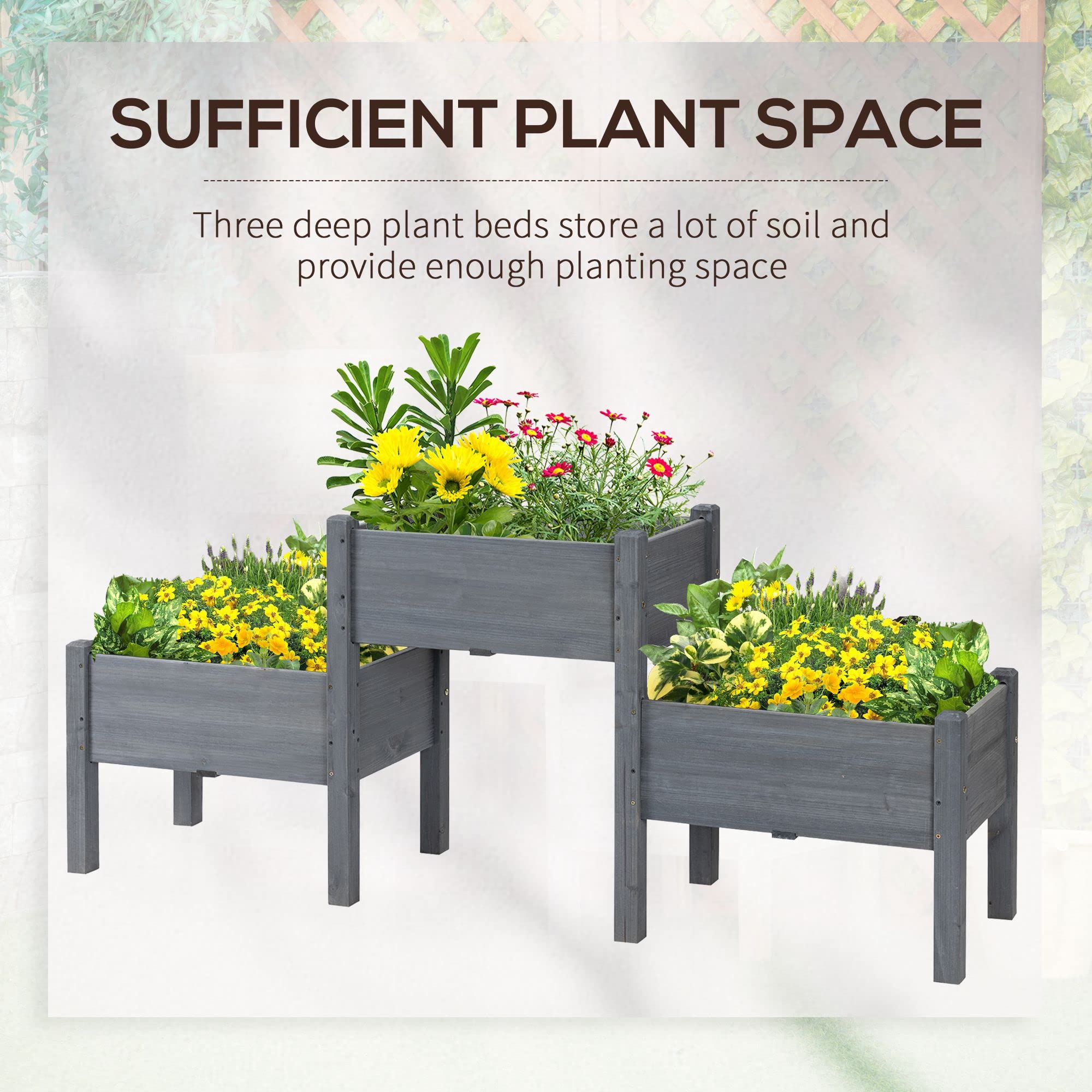 Outsunny 3-Tier Raised Garden Bed Kit - Elevated Wooden Planter Stand with Drainage Holes for Vegetables, Herbs & Flowers (Gray) - Perfect for Patio, Balcony & Small Space Gardening