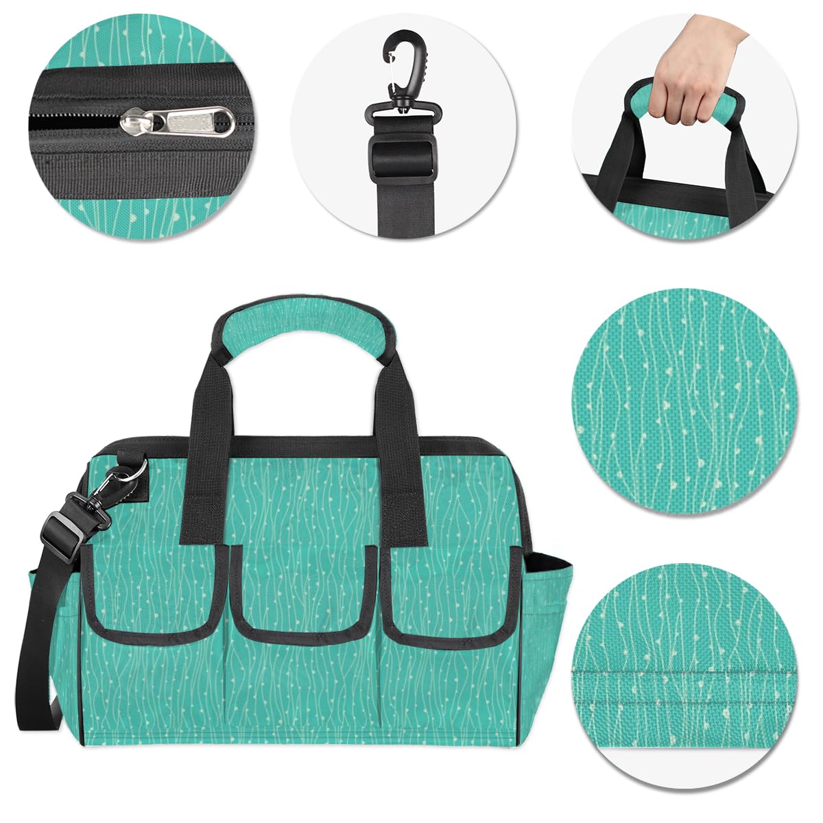 Teal Turquoise Heavy Duty 14-Pocket Tool Bag with Adjustable Strap - Wide Mouth Tool Organizer Tote for Men & Women (14.8 Inches) - Perfect for Construction, DIY Projects & Home Repairs