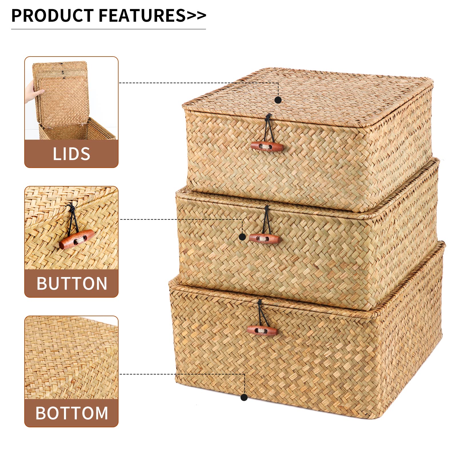 3 Pack Seagrass Storage Baskets with Lids - Natural Woven Rattan Organizing Bins for Shelves, Clothes & Hobby Supplies | Home Organization, Bedroom Closet & Living Room Decor