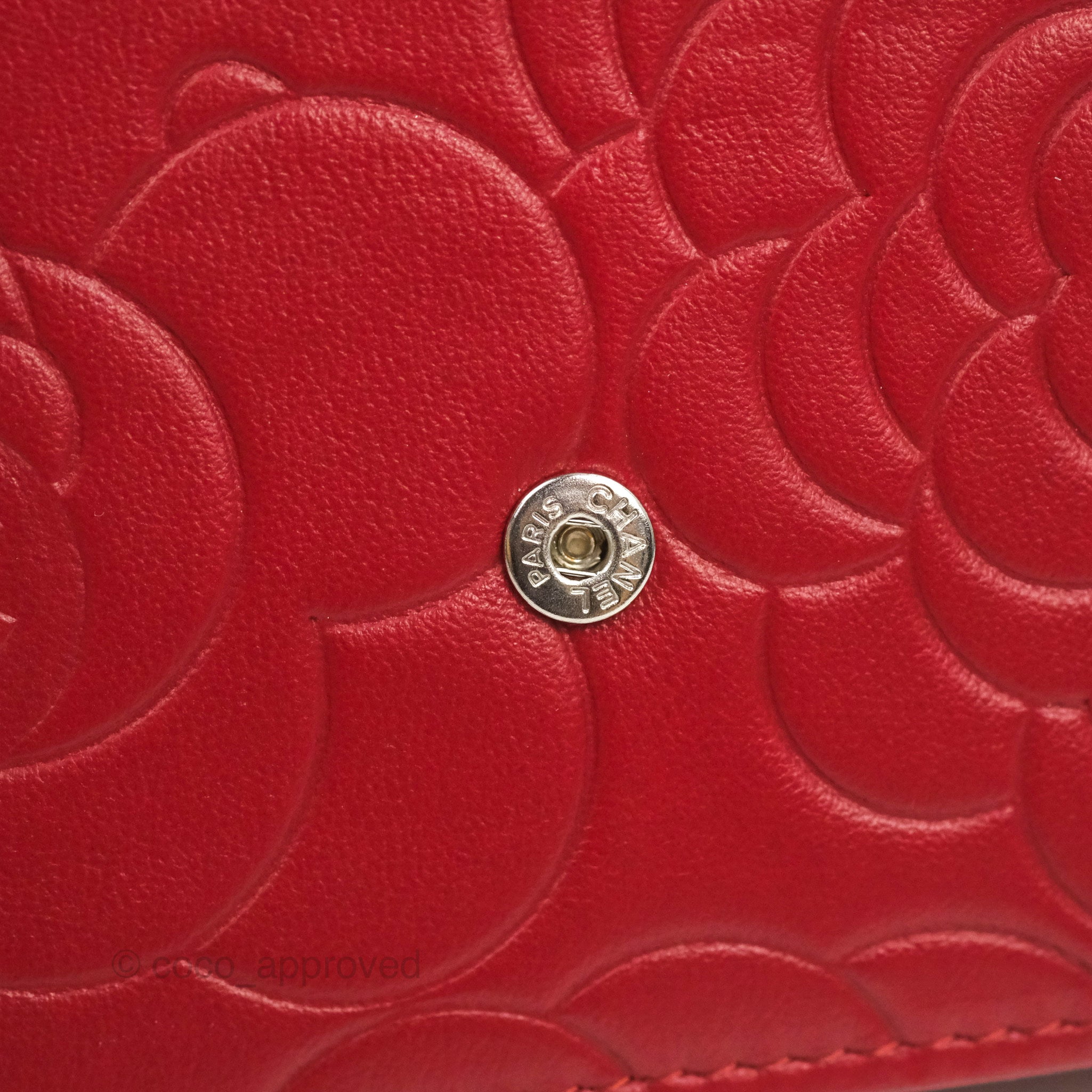 Chanel Camellia Embossed Wallet on Chain WOC in Red Lambskin with Silver Hardware - Luxury Crossbody Bag for Women, Perfect for Evening Events & Date Nights