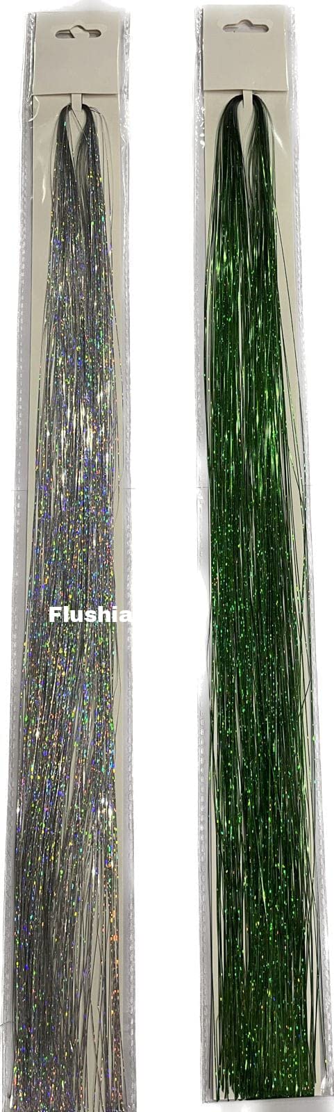 Flushia® 40 Inch Hair Tinsel Extensions - 2400 Strands in Silver & Green | Glitter Hair Highlights for Parties, Festivals & Cosplay | Fairy Hair Glitter Extensions for Shimmering Hair Styling