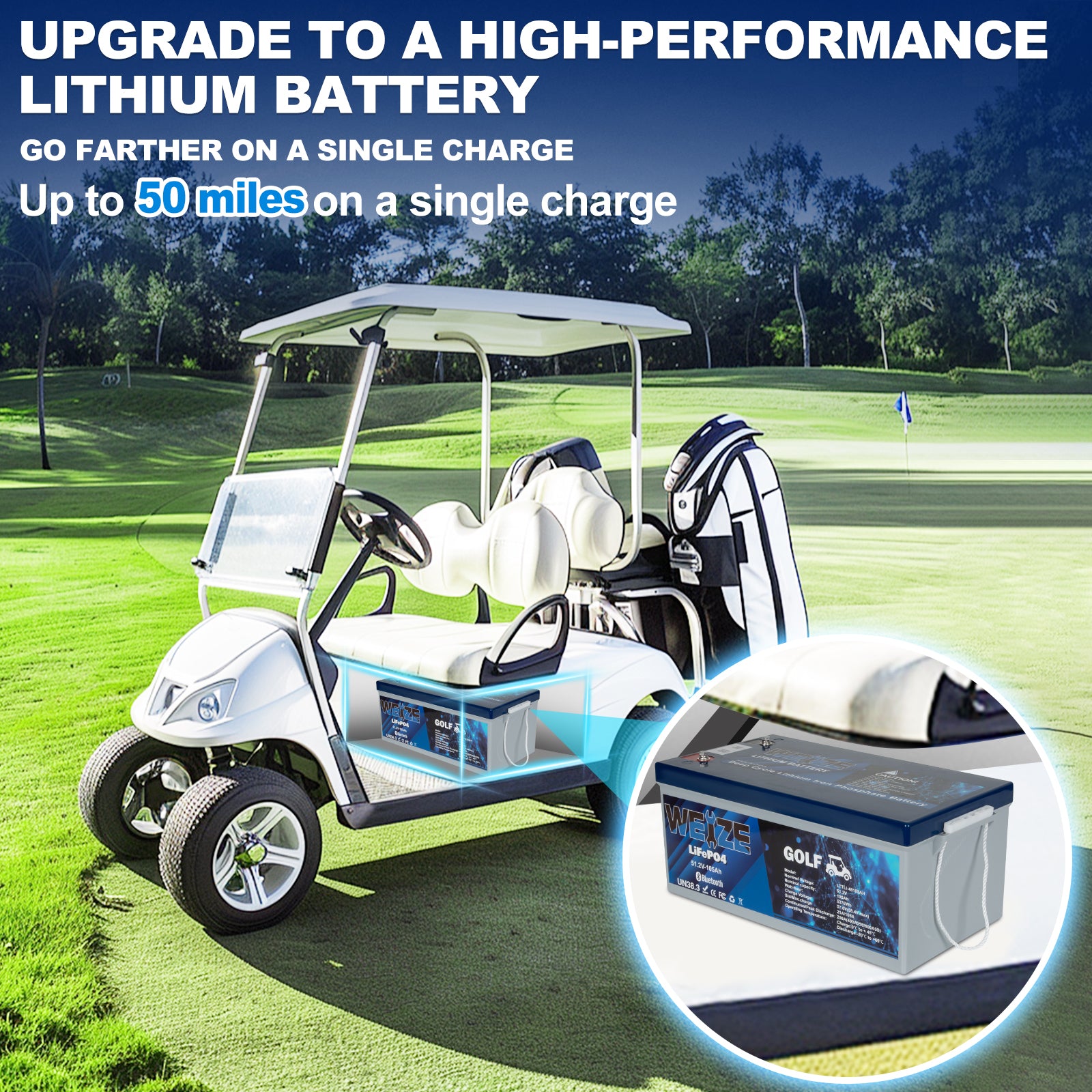 WEIZE 48V 105AH LiFePO4 Golf Cart Battery with Bluetooth - Grade A Cells, 200A BMS, 650A Peak Discharge, FCC Certified (Replaces 6x8V GC8) - Includes 48V 18A Lithium Charger & Low Temp Protection - Perfect for Golf Carts, Electric Vehicles & Off-Grid Power Systems