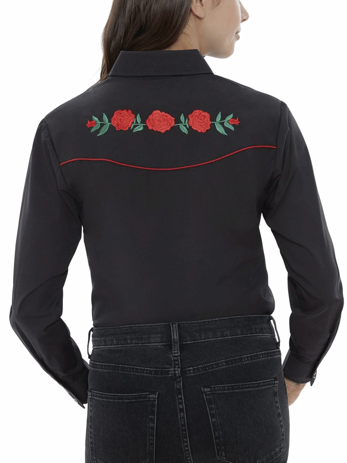 Ely Cattleman 15303801 Women's Western Shirt - Black with Red Rose Embroidery, Long Sleeve Cowgirl Shirt for Rodeo, Country Music Festivals & Western Fashion