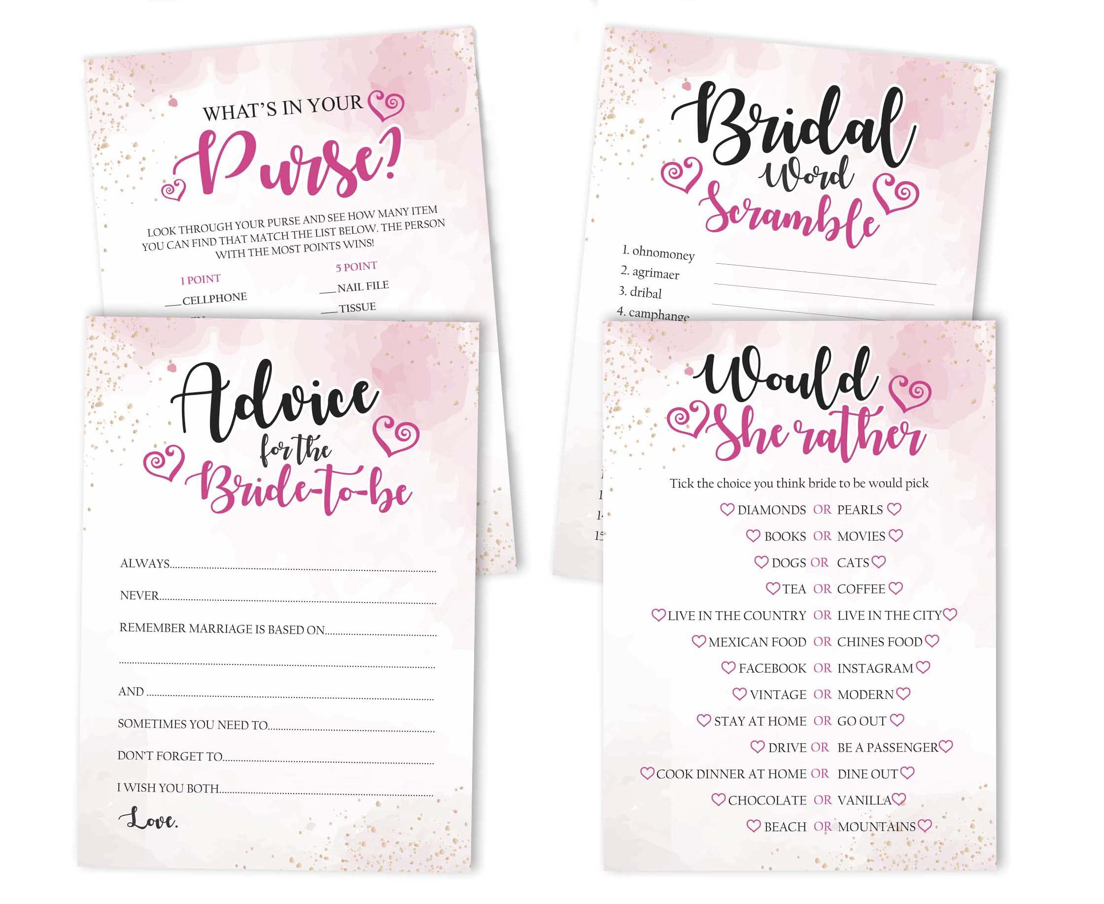 Bachelorette Party Games Set - 4 Fun Bridal Shower Games with 50 Sheets Each | Watercolor Splash Theme | Perfect for Wedding Showers, Girls Night & Bachelorette Parties