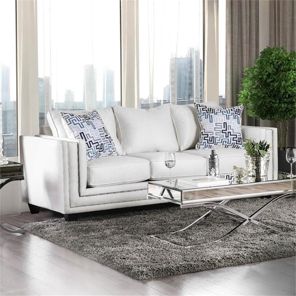 Furniture of America Malden Contemporary Chenille 2-Piece Sofa Set in Ivory - Modern Living Room Furniture for Small Spaces & Apartments