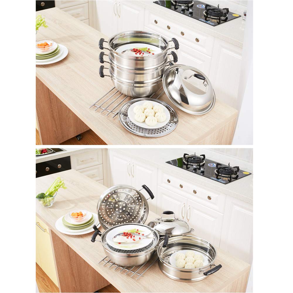 Premium Stainless Steel Steamer Pot - 3-Tier Chinese Vegetable Steamer Basket for Induction Cooker & All Pans (34cm) - Perfect for Healthy Cooking, Dumplings & Seafood